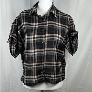 Park Adelyn Plaid Hi Low Shirt Women’s Small Black Tan Tie Sleeve Blouse